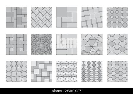 Motifs de vue de dessus de chaussée, pavés gris de rue ou carreaux de trottoir de jardin, vecteur sans couture. Motif de pavement en pierre grise et en briques du rez-de-chaussée, arrière-plans en mosaïque avec texture cubique géométrique Illustration de Vecteur