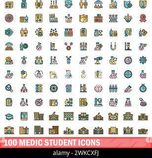 100 jeu d'icônes d'étudiant médical. Ensemble de lignes de couleur d'icônes vectorielles d'étudiant médical couleur de ligne mince plat sur blanc Illustration de Vecteur