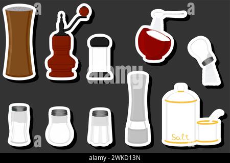 Illustration sur le thème grand ensemble différents types de vaisselle rempli de sel pour la cuisine biologique, sel dans le shaker pour le menu du restaurant Illustration de Vecteur