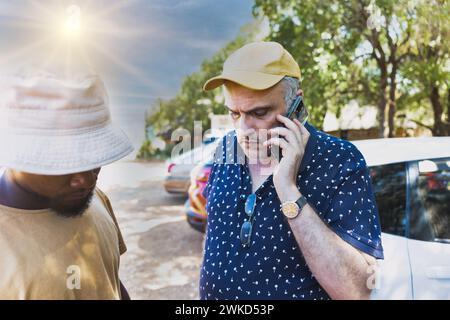 vieil homme caucasien parlant au téléphone avec un jeune homme africain dans le parking Banque D'Images