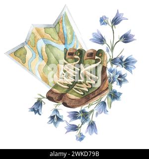 Feuilles de forêt, bluebell, bottes de randonnée, illustration de carte. Sac à dos aquarelle vintage artistique pour carte Woodland, design naturel. Isolé sur bac blanc Banque D'Images