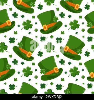 Modèle sans couture de. Symboles Patricks Day. Leprechauns, top Hat, personnages de dessin animé. Trèfle à quatre feuilles. Bonne chance. Magie, traditions religieuses. Pour Illustration de Vecteur