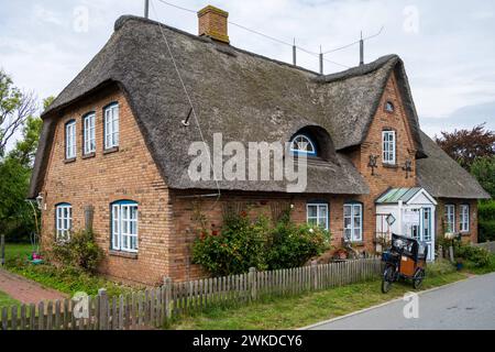 Straßenszene im Dorf Nebel auf der Nordseeinsel Amrum, mit Reed gedecktem Haus *** scène de rue dans le village de Nebel sur l'île de la mer du Nord d'Amrum, avec maison rosée Banque D'Images