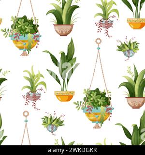 Motif sans couture. Plante d'intérieur et plante macramée poussant dans des pots. Ensemble de décorations de maison faites à la main plantes macramé isolé sur fond blanc. Dessin animé Illustration de Vecteur