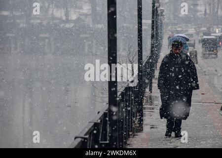 Srinagar, Inde. 20 février 2024. Un homme marche le long de la rue pendant de fortes chutes de neige à Srinagar. La ville de Srinagar a reçu des chutes de neige mardi alors que les parties supérieures du Cachemire ont été témoins de chutes de neige abondantes au cours des dernières 48 heures, ont déclaré les responsables ici. La route nationale est restée fermée et les services de vol à destination et en provenance de Srinagar ont été annulés. Crédit : SOPA images Limited/Alamy Live News Banque D'Images