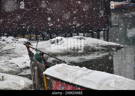 Srinagar, Inde. 20 février 2024. Un batelier dégage la neige de son bateau lors de fortes chutes de neige à Srinagar. La ville de Srinagar a reçu des chutes de neige mardi alors que les parties supérieures du Cachemire ont été témoins de chutes de neige abondantes au cours des dernières 48 heures, ont déclaré les responsables ici. La route nationale est restée fermée et les services de vol à destination et en provenance de Srinagar ont été annulés. Crédit : SOPA images Limited/Alamy Live News Banque D'Images