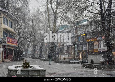 Srinagar, Inde. 20 février 2024. Un homme marche dans la rue pendant de fortes chutes de neige à Srinagar. La ville de Srinagar a reçu des chutes de neige mardi alors que les parties supérieures du Cachemire ont été témoins de chutes de neige abondantes au cours des dernières 48 heures, ont déclaré les responsables ici. La route nationale est restée fermée et les services de vol à destination et en provenance de Srinagar ont été annulés. Crédit : SOPA images Limited/Alamy Live News Banque D'Images