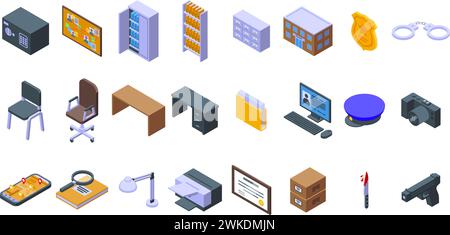 Les icônes de bureau de crime définissent le vecteur isométrique. Intérieur de la salle du détective. Meubles pour pc de bureau Illustration de Vecteur