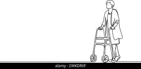 dessin continu d'une seule ligne de femme senior marchant avec un rollator, illustration vectorielle d'art au trait Illustration de Vecteur