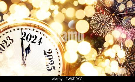 Horloge rétro dorée montre le nouvel an 2024 avec des lumières dorées, arbre de Noël et jouets vintage. Bonne année et carte de Noël Banque D'Images