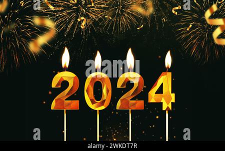 Bougies dorées 2024 brûlant sur un fond noir avec des feux d'artifice et des confettis. Bonne année 2024. Saint-Sylvestre 2024. Banque D'Images