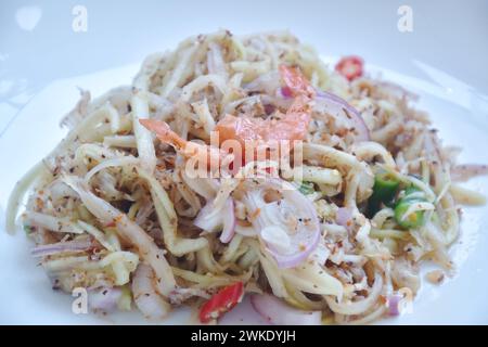 Hacher la mangue non mûre avec les crevettes sèches et la salade de Chili thaïlandais sur l'assiette Banque D'Images