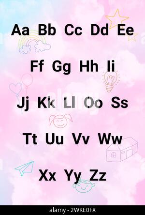 Alphabet anglais pour les enfants pour aider l'apprentissage et l'éducation dans les enfants de maternelle. Lettres de abc à z sur un fond de dessins d'enfants. Banque D'Images