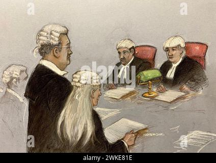 Croquis d'artiste judiciaire par Elizabeth Cook de l'avocat Edward Fitzgerald KC de Julian Assange, sur ses pieds devant les juges, M. le juge Johnson et Dame Victoria Sharp, à la Cour royale de justice de Londres, lors d'une audience de deux jours dans son affaire d'extradition. Date de la photo : mardi 20 février 2024. Banque D'Images