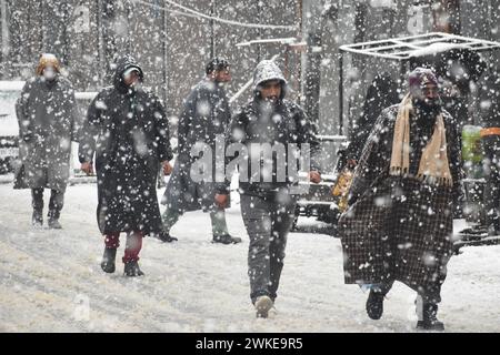 Srinagar, Inde. 20 février 2024. Des individus se promènent dans une chute de neige dense à Srinagar, au Cachemire, en Inde, le 20 février 2024. La prévision par le Département météorologique de chutes de neige importantes du 18 au 20 février rehausse l'ambiance hivernale pittoresque. (Photo de Danish Showkat/Sipa USA) crédit : Sipa USA/Alamy Live News Banque D'Images