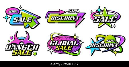 Collection de logo Y2K colorée à la mode. Logos de lettrage de gradient d'acide rétro avec des éléments graphiques pour la vente ou magasin discount. Ensemble d'autocollant, badges, illustration de conception d'icône vectorielle de typographie de slogan. Illustration de Vecteur