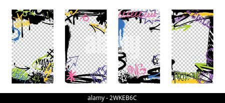 Vaporisez des bordures ou des cadres avec des étiquettes de couleur graffiti et des éléments urbains avec des gouttes d'encre. Ensemble vectoriel de couvertures avec décoration abstraite d'art de rue, flèches et icônes isolés sur fond transparent. Illustration de Vecteur