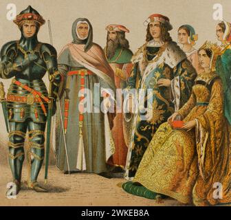 Histoire de l'Angleterre. 1400-1450. De gauche à droite, 11 : chevalier, 12 : juge pénal, 13 : cour d'Henri VI, 14 : Henri VI, 15 : cour du roi Henri VI, 16 : Marguerite d'Anjou (1430-1482), épouse du roi Henri VI, 17 : cour du roi Henri VI Chromolithographie. Historia Universal', de César Cantú. Volume VI, 1885. Banque D'Images