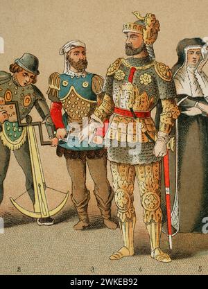 Histoire de France. 1400. De gauche à droite : crossbowman, chevaliers et robe de deuil. Chromolithographie. Historia Universal', de César Cantú. Volume VI, 1885. Banque D'Images