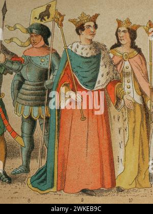 Histoire de l'Angleterre. 1400-1450. De gauche à droite, 8 : chevalier, 9 : Roi Henri VI d'Angleterre (1421-1471), 10 : Marguerite d'Anjou (1430-1482), épouse du Roi Henri VI Chromolithographie. Historia Universal', de César Cantú. Volume VI, 1885. Banque D'Images