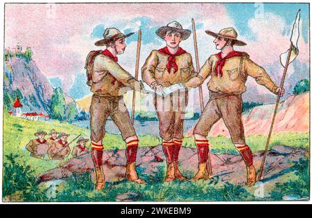 Colección de cromos de los Exploradores Españoles (scouts). Jóvenes exploradores prometiendo obediencia al Código de los boy-scouts. años 1930. Banque D'Images