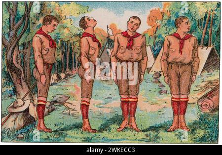 Colección de cromos de los Exploradores Españoles (scouts). Jóvenes exploradores practicando gimnasia diariamente. años 1930. Banque D'Images