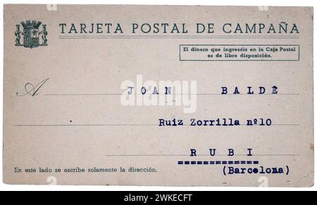 España. Guerra civil (1936-1939). Tarjeta postal de Campaña enviada desde el bando republicano. Banque D'Images