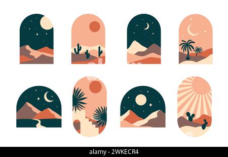 Arc de boho avec désert de sable et oasis, cactus et soleil, lune et palmier, formes abstraites vectorielles. Conception graphique boho des arches avec nuit d'été dans les collines de sable du désert, feuilles de palmier avec cadre de paysage Illustration de Vecteur