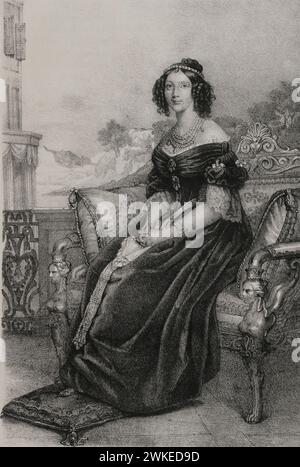 Marie-Anne de Bavière (1805-1877). Reine consort de Saxe (1836-1854) par son mariage avec le roi Frédéric-Auguste II de Saxe (1797-1854). Portrait. Dessin de I. Brochelon. Lithographie de J.J. Martinez. Reyes Contemporáneos (rois contemporains). Volume II Publié à Madrid, 1852. Banque D'Images