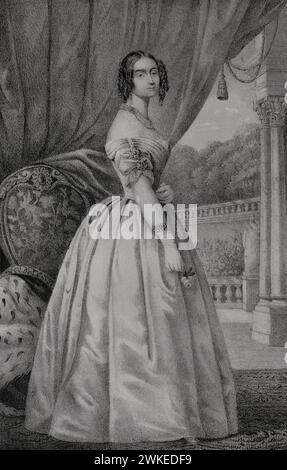 Mathilde Karoline de Bavière (1813-1862) Fille du roi Louis Ier de Bavière. Grande-duchesse consort de Hesse et par le Rhin par son mariage avec le grand-duc Louis III (1806-1877). Dessin de C. Legrand. Lithographie de J. Donón. Reyes Contemporáneos (Rois contemporains). Volume II. Publié à Madrid, 1852. Auteur : Julio Donón. Artiste espagnol actif de 1840 à 1880. Luis Carlos Legrand (fl. 1829-1858) Dessinateur et lithographe espagnol. Banque D'Images