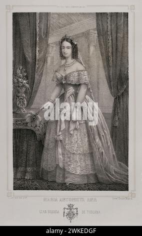 Marie-Antoine des deux-Siciles (1814-1898). Grande-duchesse consort de Toscane (1833-1859) par son mariage avec Léopold II (1797-1870), grand-duc de Toscane (1824-1859). Portrait. Dessin de C. Legrand. Lithographie de J. Donon. Reyes Contemporáneos (Rois contemporains). Volume II. Publié à Madrid, 1852. Auteur : Julio Donón. Artiste espagnol actif de 1840 à 1880. Luis Carlos Legrand (fl. 1829-1858) Dessinateur et lithographe espagnol. Banque D'Images