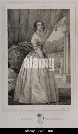 Mathilde Karoline de Bavière (1813-1862) Fille du roi Louis Ier de Bavière. Grande-duchesse consort de Hesse et par le Rhin par son mariage avec le grand-duc Louis III (1806-1877). Dessin de C. Legrand. Lithographie de J. Donón. Reyes Contemporáneos (Rois contemporains). Volume II. Publié à Madrid, 1852. Auteur : Julio Donón. Artiste espagnol actif de 1840 à 1880. Luis Carlos Legrand (fl. 1829-1858) Dessinateur et lithographe espagnol. Banque D'Images