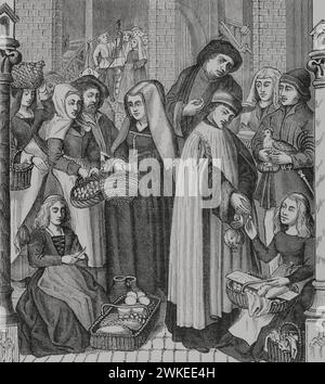 Chapitre droit sur les marchés et les stands de nourriture. Péage sur le marché, prélevé par un clerc. Gravure d'après l'un des vitraux du 15e siècle dans la cathédrale de Tournay (ville française à l'époque). « Moeurs, usages et costumes au moyen-âge et à l'époque de la Renaissance », par Paul Lacroix. Paris, 1878. Banque D'Images