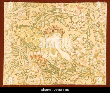 Femme parmi les fleurs (tissu imprimé). Musée : ville de Paris, Bibliothèque Forney. Auteur : Alfons Marie Mucha. Banque D'Images