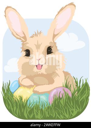 Illustration vectorielle lumineuse pour carte de Pâques avec lapin souriant mignon assis dans l'herbe et des œufs colorés. Illustration de Vecteur