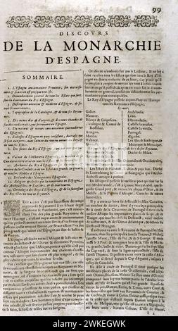 'Les Estats, Empires, Royaumes et Principautez du monde', par D.T. V. Y. (Pierre d'Avity, 1573-1635). Déclaration de la monarchie d'Espagne, résumé. Édition imprimée à Genève par Samuel Chouët, 1665. Banque D'Images