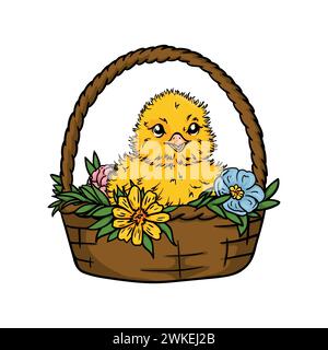 Poulet mignon assis dans un panier de Pâques avec des fleurs. Carte de Pâques. Illustration de vacances en couleur Illustration de Vecteur