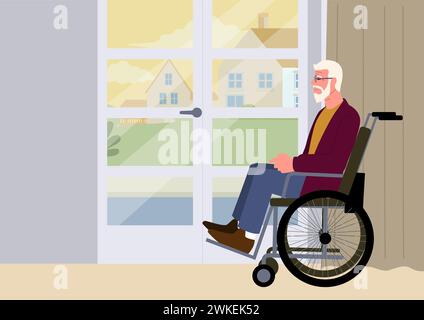 Homme âgé en fauteuil roulant regardant vers la porte, attendant sa famille bien-aimée Illustration de Vecteur
