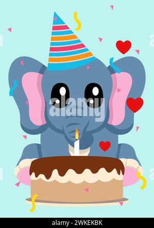 Célébrez les anniversaires avec cette charmante illustration vectorielle plate mettant en vedette un adorable éléphant de dessin animé portant un chapeau d'anniversaire et assis devant t Illustration de Vecteur