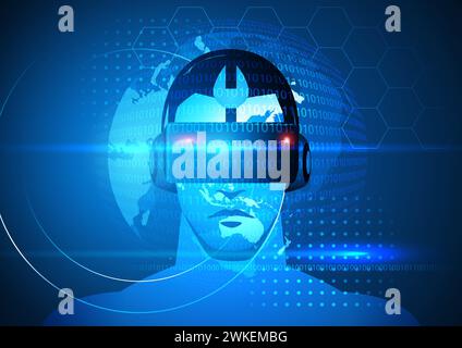 Illustration d'un homme dans des lunettes de réalité virtuelle dans un contexte futuriste, explorer les possibilités infinies de la technologie et de l'imagination qui Illustration de Vecteur