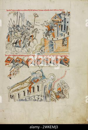 Tatars portant la tête de Heinrich devant le château Liegnitz Saint Hedwige voyant dans un rêve l'âme de son fils porté au ciel. Musée : J. Paul Getty Museum, Los Angeles. Auteur : Atelier du Codex de Lubin (Vita beatae Hedwigis). Banque D'Images