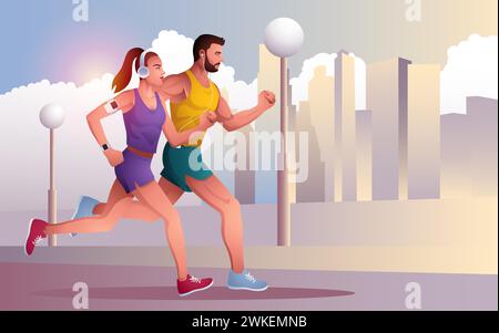 Couple jogging et course à l'extérieur avec paysage urbain en arrière-plan, fitness et concept de mode de vie sain Illustration de Vecteur