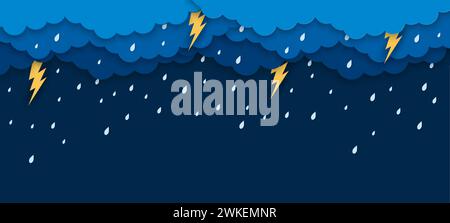 Papier coupé nuages de pluie avec des éclairs et des gouttes de pluie. Vecteur 3d papercut orage ou fond de tempête avec des gouttelettes d'eau tombant du ciel nuageux sombre et des éclairs lumineux étincelants Illustration de Vecteur