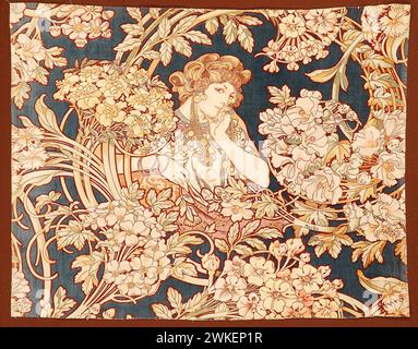 Femme parmi les fleurs (tissu imprimé). Musée : ville de Paris, Bibliothèque Forney. Auteur : Alfons Marie Mucha. Banque D'Images