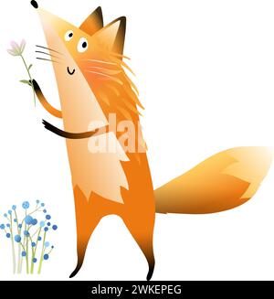 Renard mignon avec des fleurs caractère animal pour les enfants Illustration de Vecteur