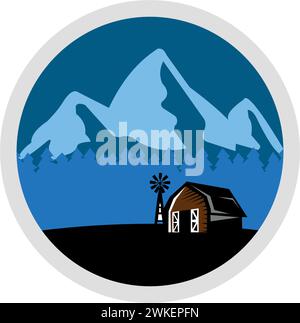 Étiquette inspirée dessinée à la main avec des montagnes et des pins illustrations vectorielles texturées , aventure en plein air , conception graphique vectorielle pour t-shirt et Illustration de Vecteur