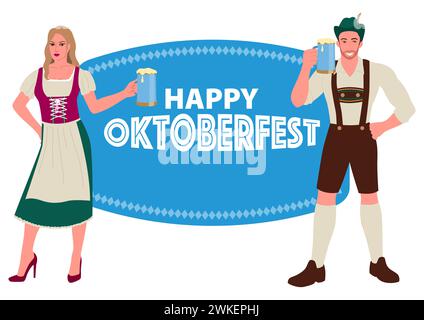 Entrez dans l'esprit Oktoberfest avec cette illustration. Homme et femme en costume traditionnel bavarois, tenant un verre à bière. Parfait pour vos projets Illustration de Vecteur
