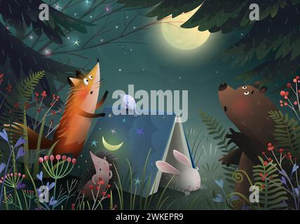 Animaux dans Moon Forest Sleeping Book illustration Illustration de Vecteur