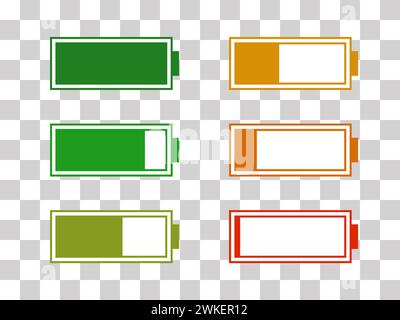 Icône de niveau d'énergie de la batterie définie. Batteries chargées et déchargées. Concept de réutilisation de l'énergie. Étiquettes alcalines. Point de charge de la batterie, charg Illustration de Vecteur