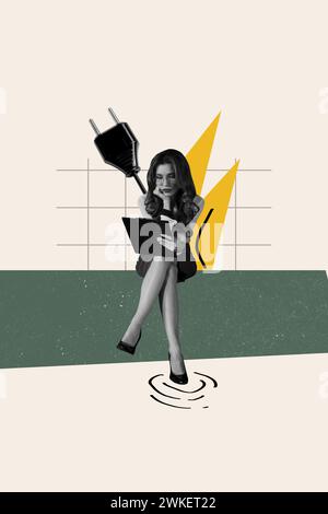 Croquis de collage d'image de femme bouleversée fatiguée assise lisant le contrat de document isolé sur fond de dessin Banque D'Images